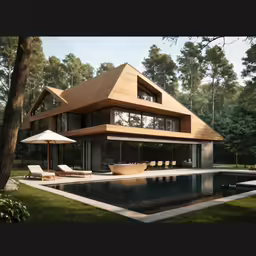 the modern house with two pools in the yard