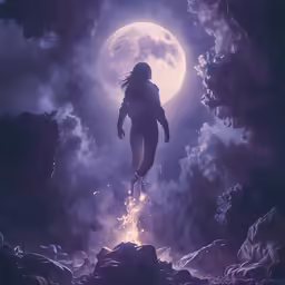 a person standing on the rocky ground with the moon in the background