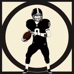 a football player holding the ball in a ring,a black and white silhouette of a football player in uniform,a football player, a stylized image,an illustrated silhouette of a football player with an eye patch and helmet,a football player in uniform holding a ball