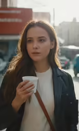 a woman wearing a black leather jacket is holding a paper cup and looking away from the camera