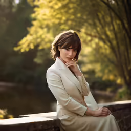 a woman sitting on a stone bench next to a park