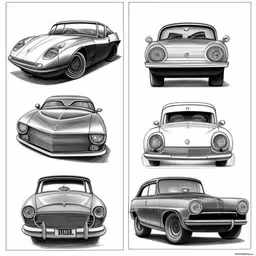 various types of classic cars that is part of a collection,four car drawings drawn by hand, and each has a different design scheme