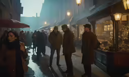 people walk down the street with umbrellas in the cold