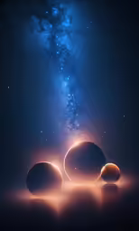 three balls sitting on the floor in front of a sky with stars