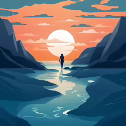 a person walking across a river under a sunset
