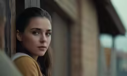 young beautiful lady standing outside of the window