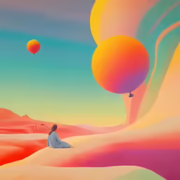 the person is sitting on the sand by some balls