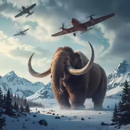 a large animal standing in the snow with two air planes flying by