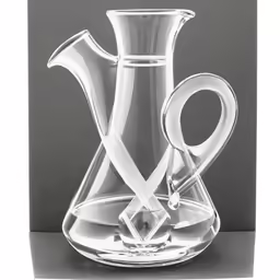 a glass pitcher with two handles is on the table