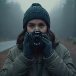 a woman wearing a green jacket holding up a camera