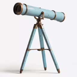 an old, metal and blue telescope on a tripod