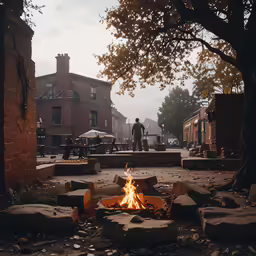 a man stands on a street corner near a fire