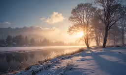 the sun peeking through the clouds over a lake