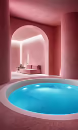 the pink walls and ceiling are lit by a large swimming pool
