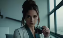 a woman holding up a camera standing next to window