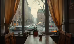 table with wooden chairs near windows with view of a city