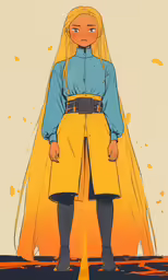a girl in blue shirt and long yellow skirt with her back turned towards the camera