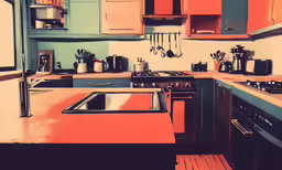 an orange colored kitchen counter top with pots and cooking utensils
