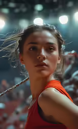 a beautiful young woman standing in a crowded arena