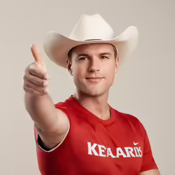 a man with a cowboy hat is giving the peace sign