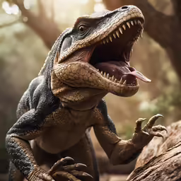 an all godzilla dinosaur with its mouth open standing on a branch