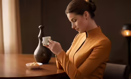 a woman is drinking out of a coffee cup