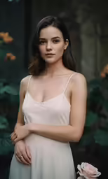 woman with bare breasts standing by flowers and leaves