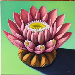 a painting of pink and white flowers in a yellow vase,a painting of pink lotus in a yellow vase