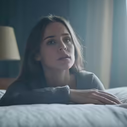 woman sitting on a bed looking at someone