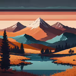 mountains and lakes under a cloudy sky over a river,an illustration of a mountain scene with a river