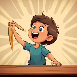 a cartoon boy holding up pasta from his right hand