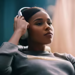 a woman wearing headphones sitting down in a chair
