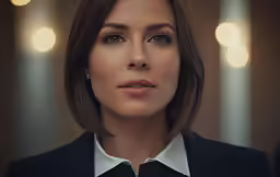 a woman with brown hair and a black jacket