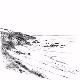 a drawing of some water by a rocky area
