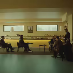 four men sitting at chairs in front of a yellow counter