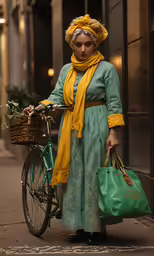 an elderly woman stands in front of a bicycle with some bags