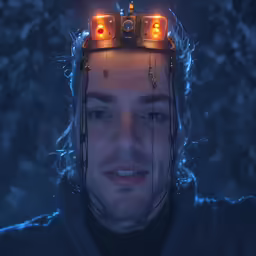 a young man with a glowing face and glowing lights is wearing an electronic helmet