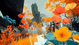 colorful flowers are growing on the side of a forest