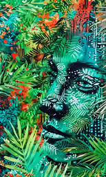 a person covered in leaves with bright green and red