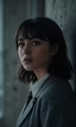a woman in an office setting is looking to her left
