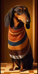 a very cute dog in a sweater sitting down