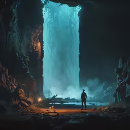 the scene from the movie avatar with man standing in front of a tunnel