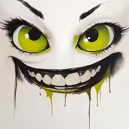 a creepy face with green eyes and fangs