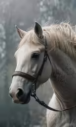 a white horse in the background with trees in the back