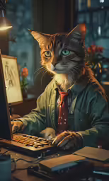 a cat wearing a suit, tie and standing in front of a computer