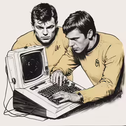 two men use a laptop computer together drawing