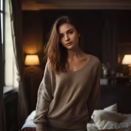 the woman is sitting by herself in a bedroom