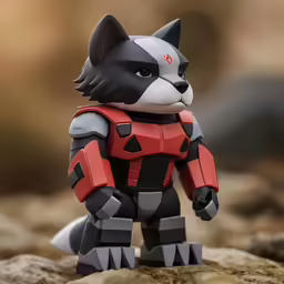 a racoon with red and black paint stands on some rocks