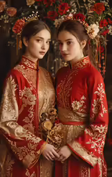 two women dressed in red and gold with wreaths