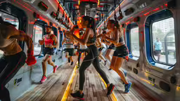 a group of people on a tram running in different directions,a group of women running in a subway train